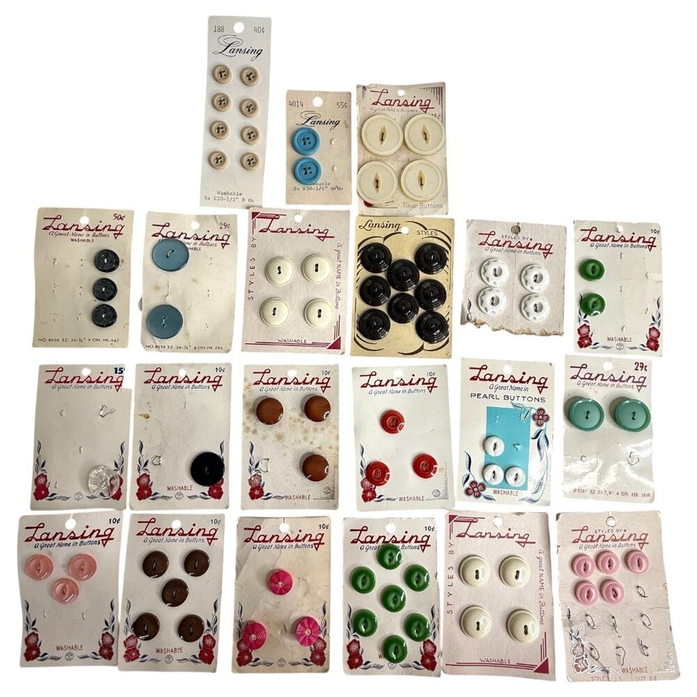 VTG Lansing Buttons Various Sizes & Colors 18 Cards Some Partial Some Complete